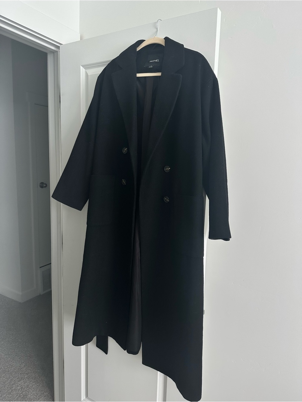 Monki Belted Wool Blend Double Breasted Coat in Black